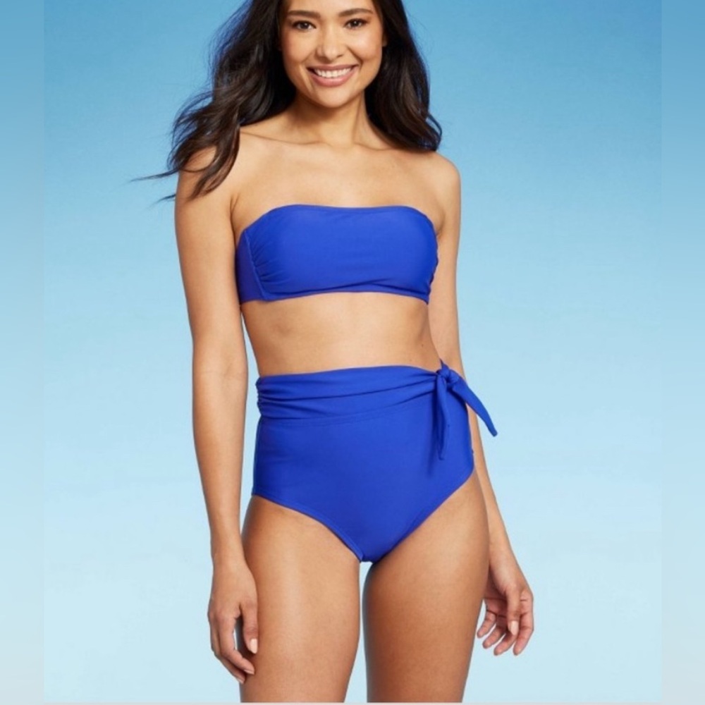 Kona Sol Blue Bandeau Bikini Set High-Waisted